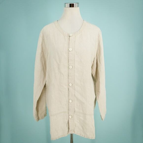 L.L. Bean Tops - L.L. Bean Size Large L Tan Beige Neutral Collarless Button Long Sleeve Tunic Top